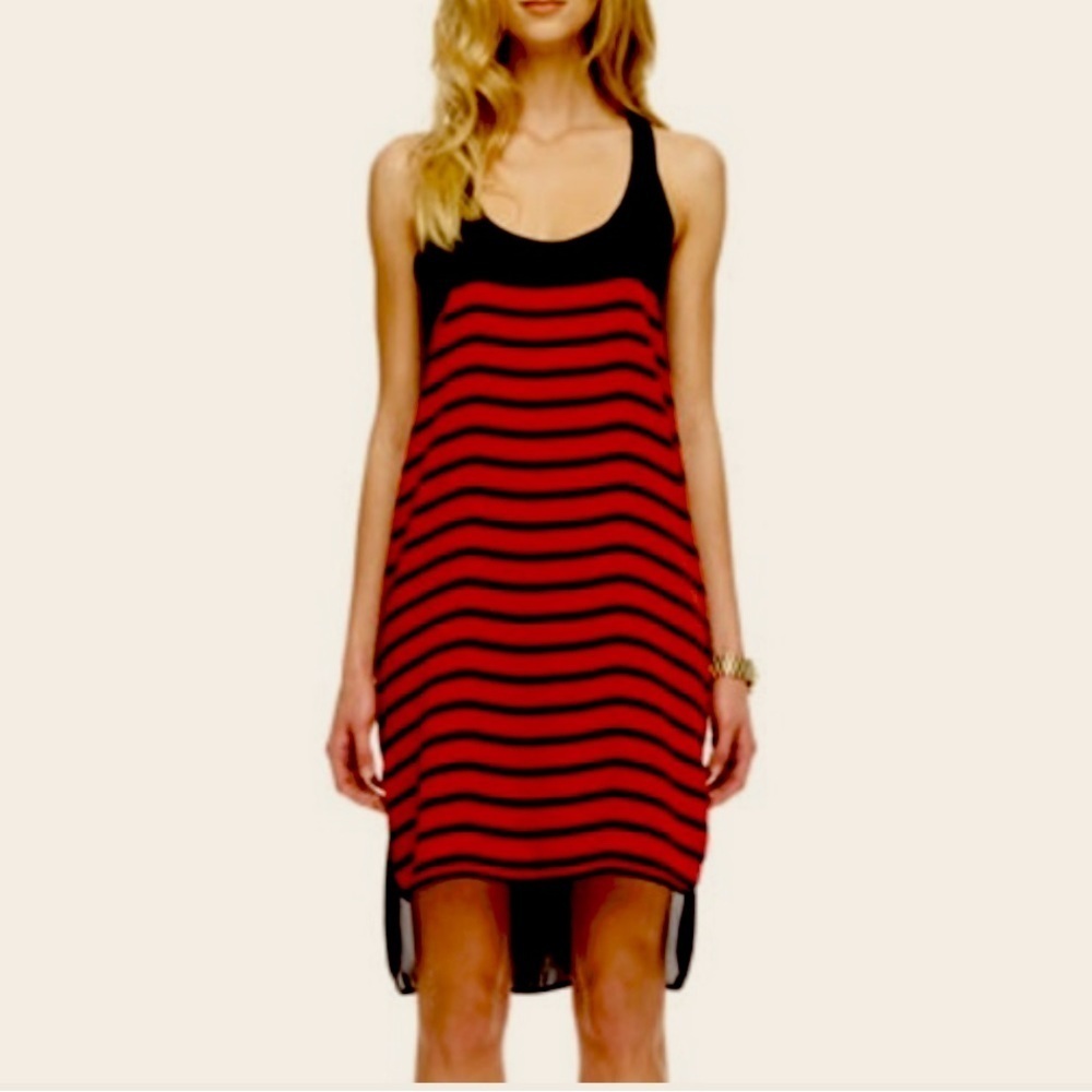 Michael Kors Red & Black Striped Tank Hi-Low Dress,size Large